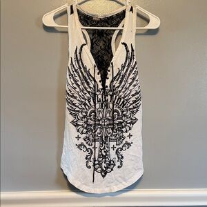 Affliction Black and White Graphic Tank Top Lace back